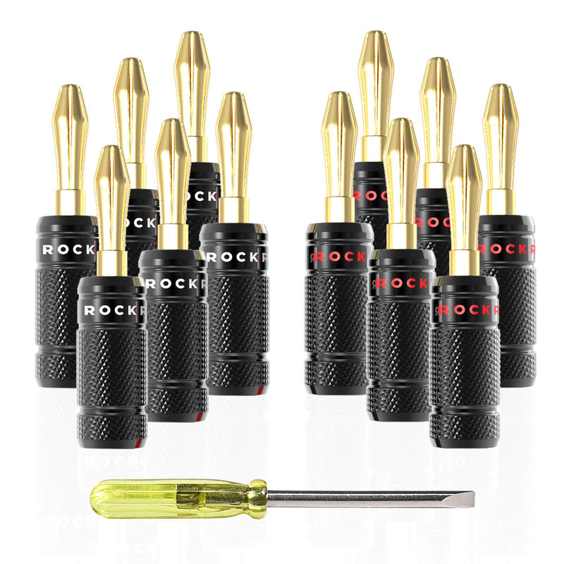 [AUSTRALIA] - ROCKRIX Banana Plugs 6 Pairs / 12 pcs, Dual Closed Screw 24K Gold Plated Banana Connectors for Speaker Wire, Wall Plate, Home Theater, Audio/Video Receiver, Amplifiers and Sound Systems