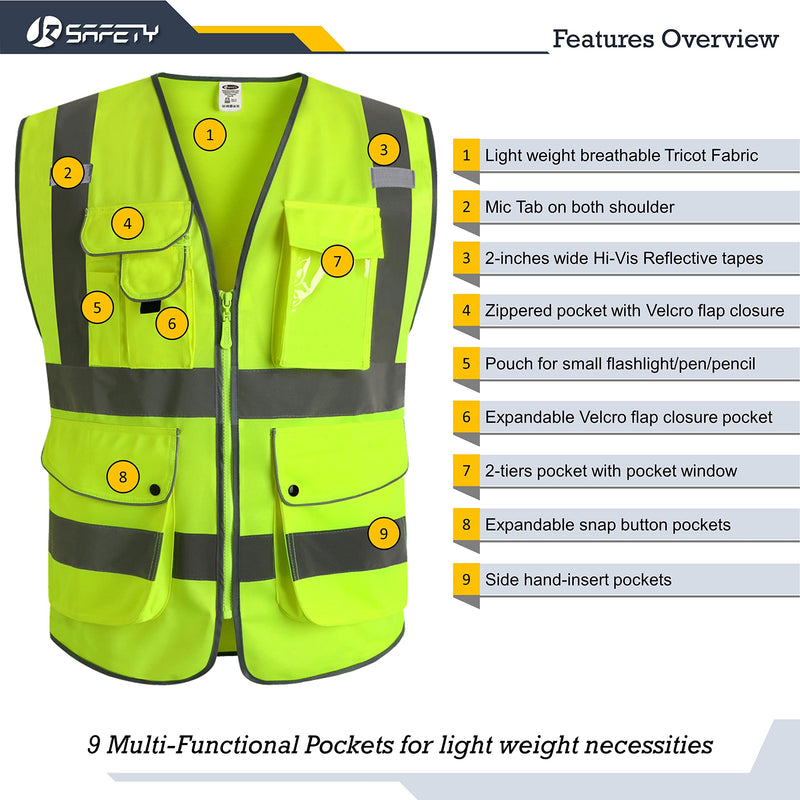  [AUSTRALIA] - JKSafety 9 Pockets Class 2 High Visibility Zipper Front Safety Vest With Reflective Strips,Meets ANSI/ISEA Standard (X-Large, Yellow) X-Large