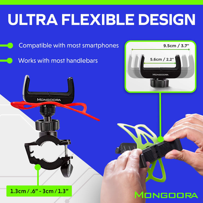  [AUSTRALIA] - Mongoora Bike & Motorcycle Phone Mount w/ 3 Bands (Black, Red, Green) Cell Phone Holder for Bicycle Handlebar Easy to Install Bike Accessories Fits iPhone 12 11 X 8 8 Plus, Galaxy S21 S20 S10