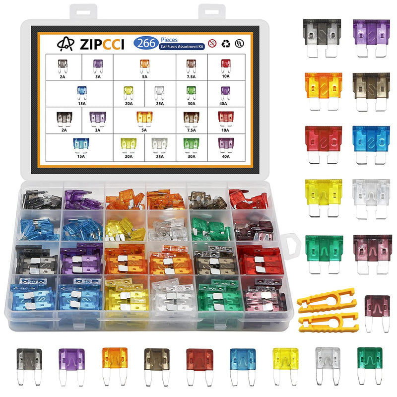  [AUSTRALIA] - ZIPCCI 266 Pcs - Car Fuses Assortment Kit, Mini & Standard Automotive Fuses - Blade Auto Fuse for RV Accessories, Marine, Camper, Travel Trailers, Boat (2A/3A/5A/7.5A/10A/15A/20A/25A/30A/40AMP)