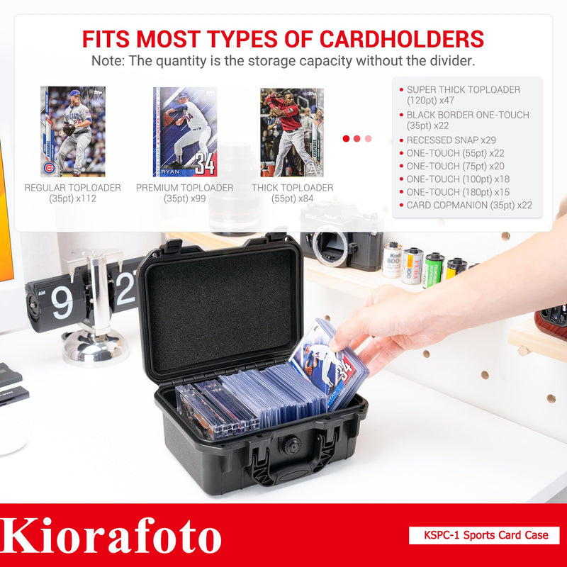  [AUSTRALIA] - Kiorafoto Toploader Storage Box，IP67 Waterproof Hard Case for 100+ 3"x 4" 35pt Top Loaders or 20+ Magnetic Card Holders，Trading Sports Cards Organizer with Movable Dividers & Anti-loss Design & Labels