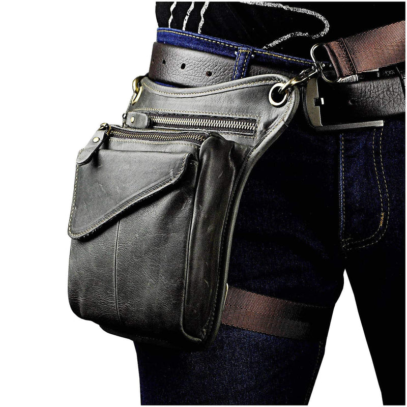 Le'aokuu Mens Genuine Leather Cycling Waist Hip Bum Pack Utility Drop Leg Cross Over Bag (Grey 2) 211-3 Grey 2 - LeoForward Australia