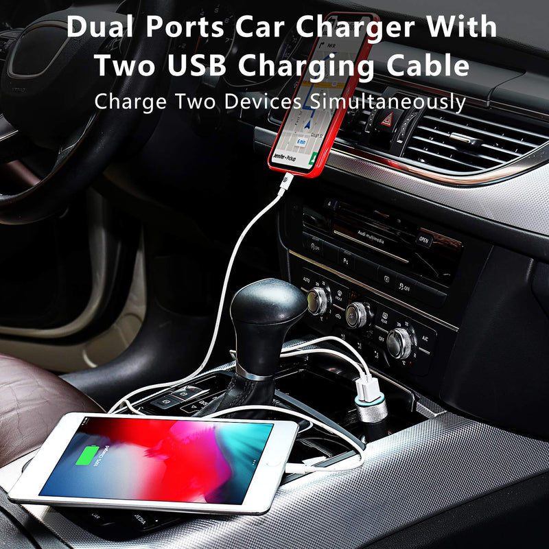 TIKALONG Car Charger Compatible with iPhone 11/12 /XR/XS/X/Pro Max 8/7/6/6S Plus 5S/5C/SE2, iPad Air Mini Pro (2.4A Dual Port USB Car Charger with 2X 3ft Charging Cable) (3in1 Pack) - LeoForward Australia