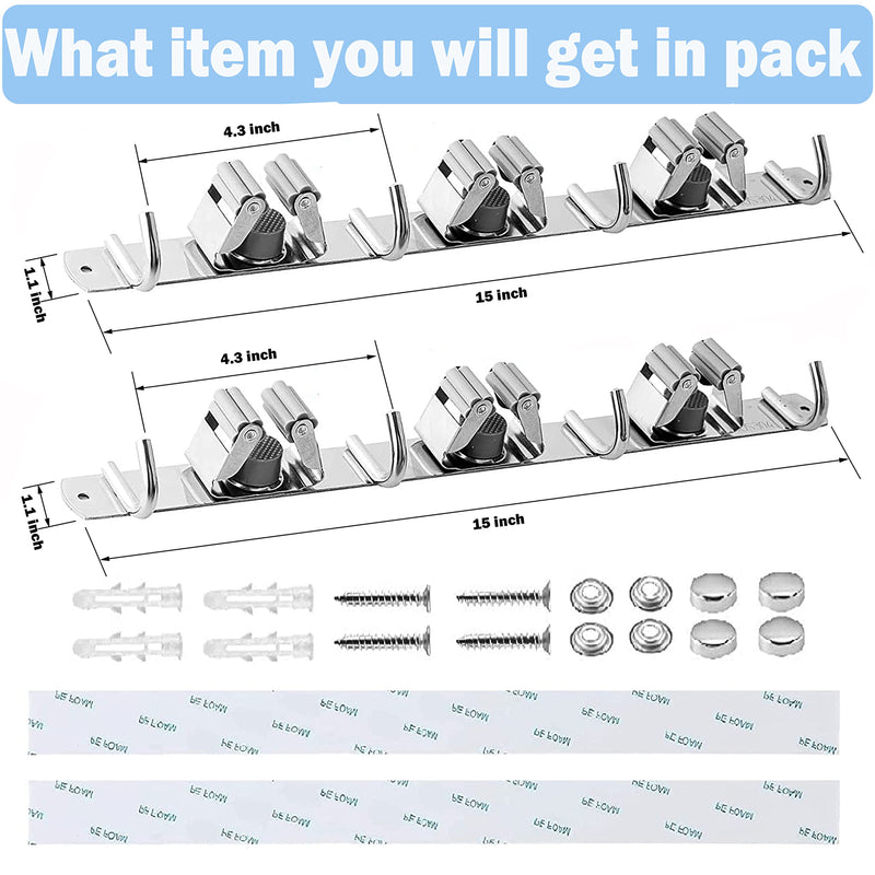  [AUSTRALIA] - 2 Pack Broom Holder Wall Mount, Stainless Steel Tool Organizer, Mop Broom Storage, Utility Racks with Self Adhesive and Screw for Home, Garden, Garage, Laundry Room (3 Racks 4 Hooks)