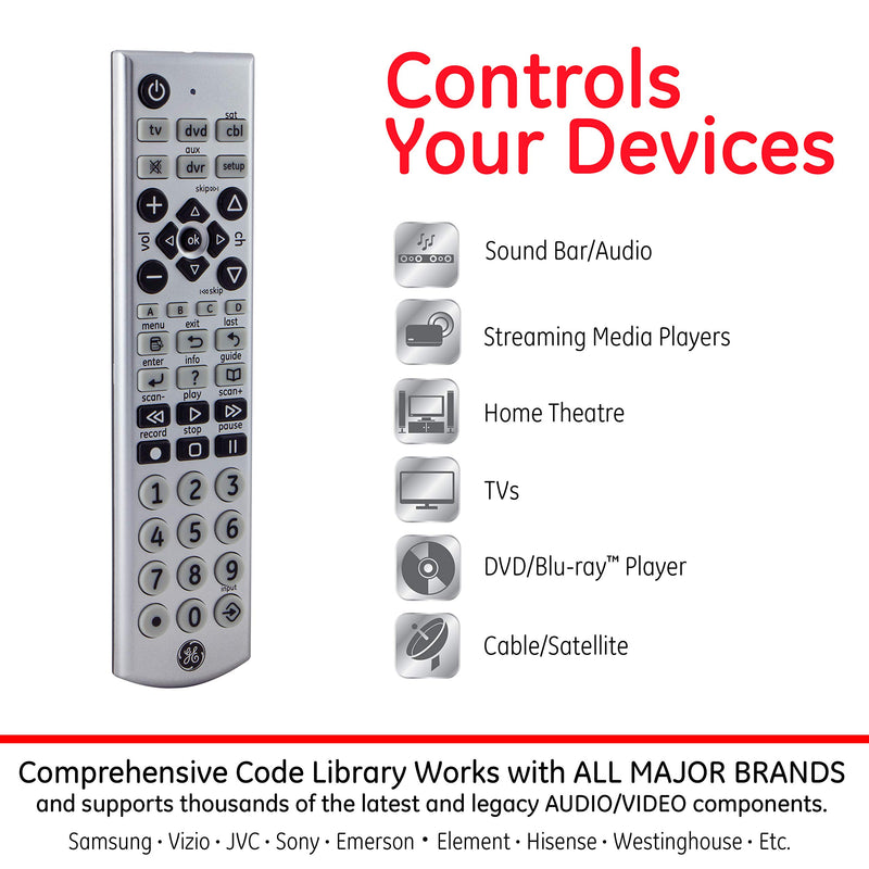 GE Big Button Universal Remote Control for Samsung, Vizio, Lg, Sony, Sharp, Roku, Apple TV, TCL, Panasonic, Smart TVs, Streaming Players, Blu-Ray, DVD, 4-Device, Silver, 34931 4 Device - LeoForward Australia