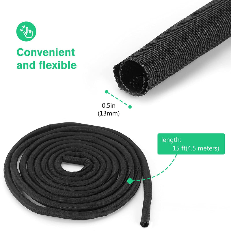  [AUSTRALIA] - JOTO 15ft - 1/2 inch Cable Sleeve Cord Management, Woven Mesh Expandable Braided Wire Loom Tubing Sleeving Split Wrap Cover for TV Audio Computer Home Office Automobile Protect Pet from Chewing –Black 1/2"-15ft