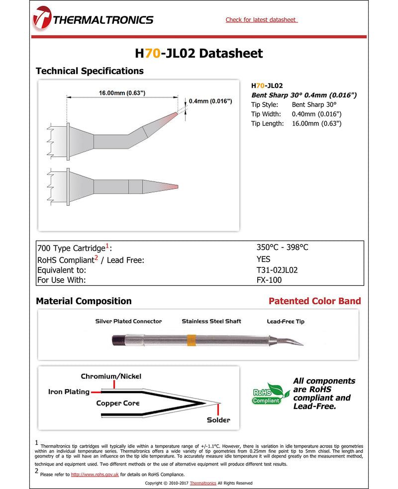  [AUSTRALIA] - Thermaltronics H70-JL02 Bent Sharp 30deg 0.4mm (0.016in) interchangeable for Hakko T31-02JL02