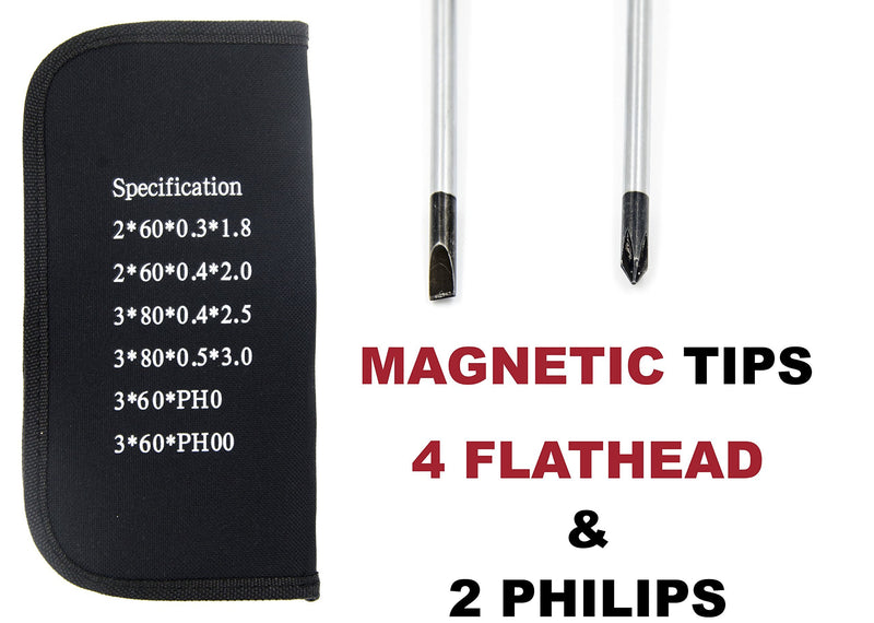  [AUSTRALIA] - Precision Screwdriver SET OF 6 - Magnetic Flathead and Philips With Handle in Separate COLORS - Professional Repair Tool Kit For Electronics, iPhone, Smart Phone, Gamepad, PC, Jewelry, Watch, Eyeglass