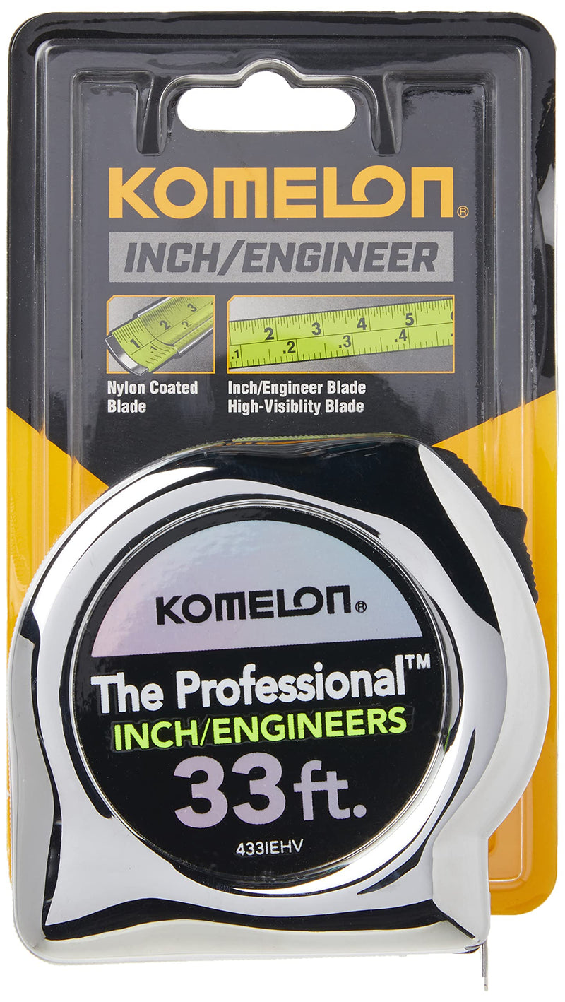Komelon 433IEHV High-Visibility Professional Tape Measure both Inch and Engineer Scale Printed 33-feet by 1-Inch, Chrome 33 FT - LeoForward Australia