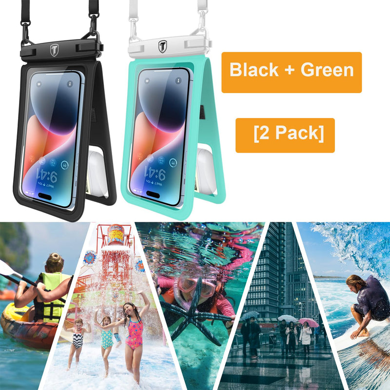  [AUSTRALIA] - Takfox Double Space Waterproof Phone Pouch [2-Pack], Dual Large Cellphone Dry Bag Case for Samsung Galaxy S23 Ultra S22 S21 A14 A13 A03S A54 iPhone 14 Pro Max 13 XR Fit All Phones Up to 7"-Black/Green Black & Green