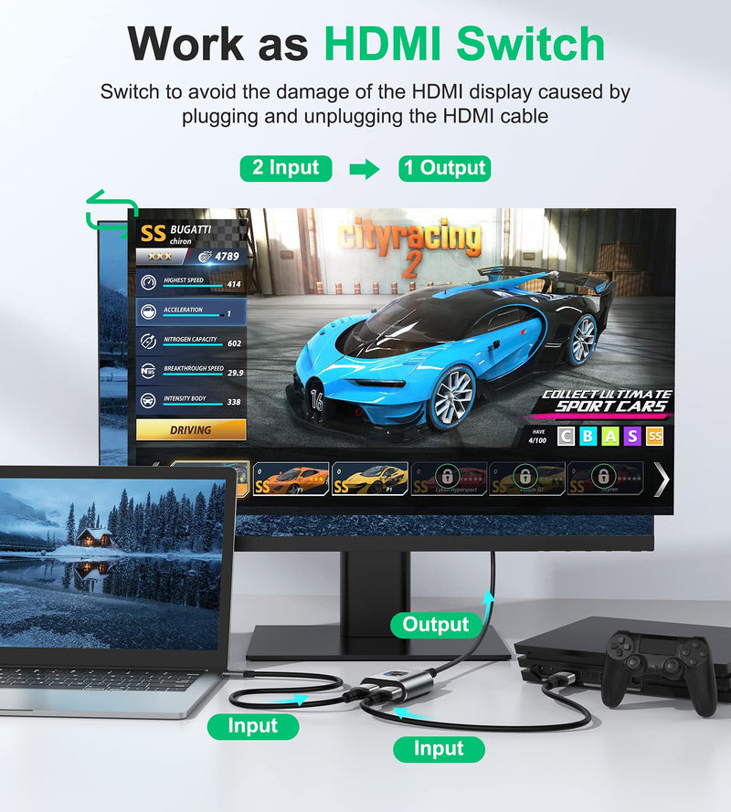  [AUSTRALIA] - HDMI Switch 4k HDMI Splitter-GANA Aluminum Bidirectional HDMI Switcher,HDMI Switch Splitter 2 in 1 Out, Manual HDMI Hub Supports HD 4K@60hz for Blu-Ray-Player Fire Stick Xbox(Only ONE monitor)