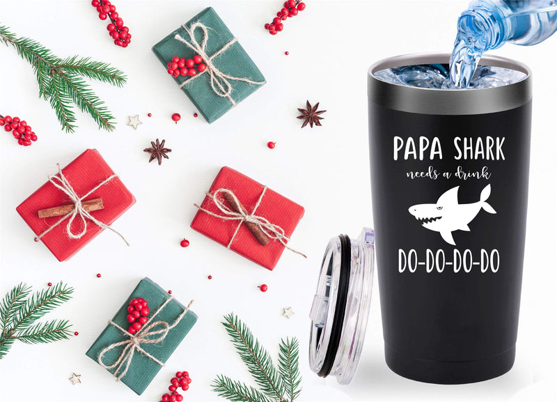  [AUSTRALIA] - Papa Shark Needs a Drink Travel Mug Tumbler.Funny Father's Day Birthday Christmas Gifts for Men Papa New Dad Father Daddy from Son Daughter Wife(20 oz Black)