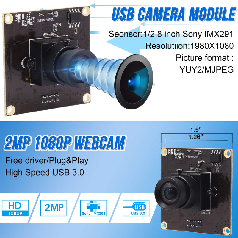  [AUSTRALIA] - ALPCAM High Speed USB3.0 USB Camera 2MP USB Camera Module with IMX291 Image Sensor, 1920 * 1080@50fps Webcam with 100 Degree No Distortion Lens for Android Windows Linux,Plug&Play Webcam 100° no distortion lens