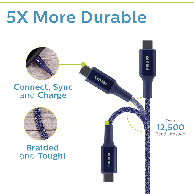 Philips 6 Ft. USB Type C Cable, USB-C To USB-C Blue Durable Braided Fast Charging Cable, Compatible with iPad Pro, MacBook Pro, Samsung Galaxy S21/S10/S9/S8/Plus, Google Pixel 5/C/3/2/XL, DLC5206UC/37 6 Feet 1 Pack - LeoForward Australia