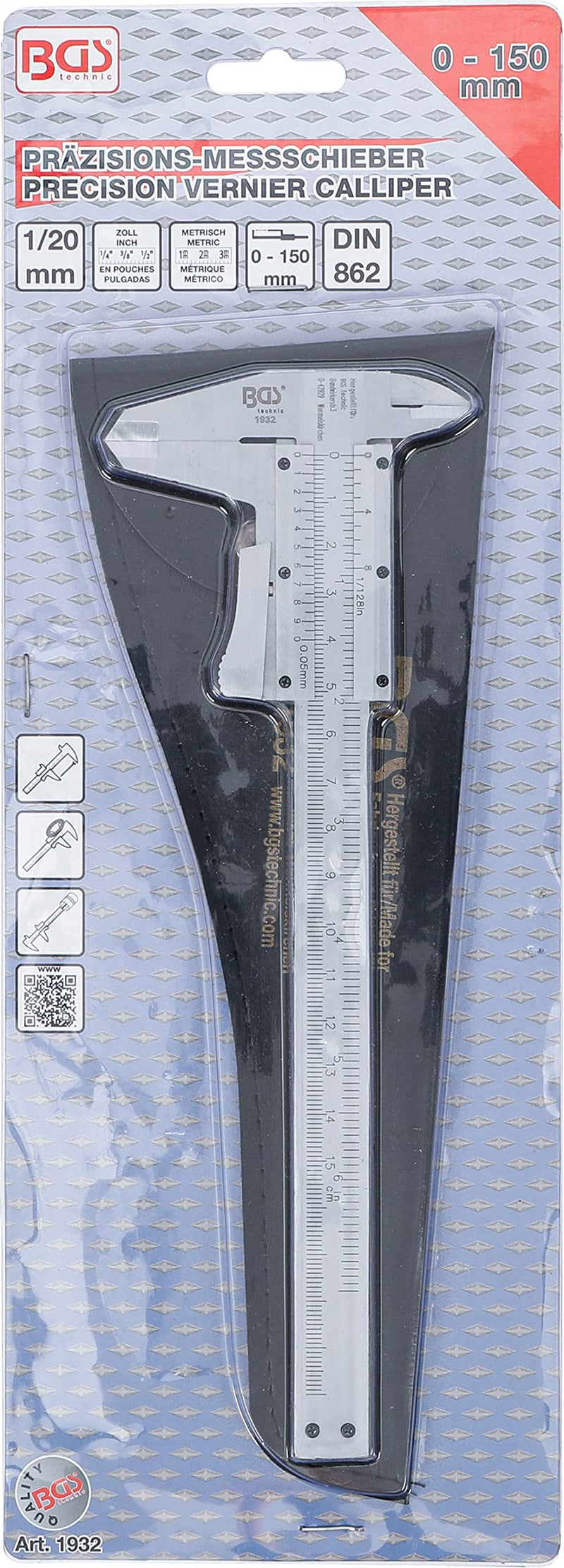  [AUSTRALIA] - BGS 1932 | Precision caliper | 0 - 150mm | mm + inches | Vernier 1/20 mm | Includes faux leather bag