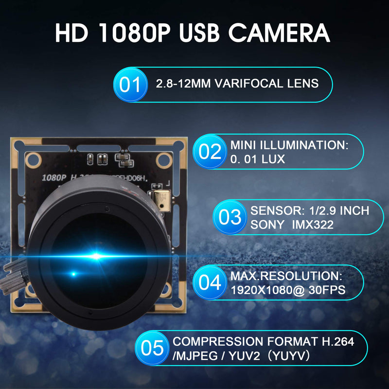  [AUSTRALIA] - 2MP Full HD 1080P USB Camera 2.8-12mm Varifocal Lens Webcamera with Sony IMX323 Low Illumination USB Camera Module H.264 Web cam Safety Pet Baby Home Webcam