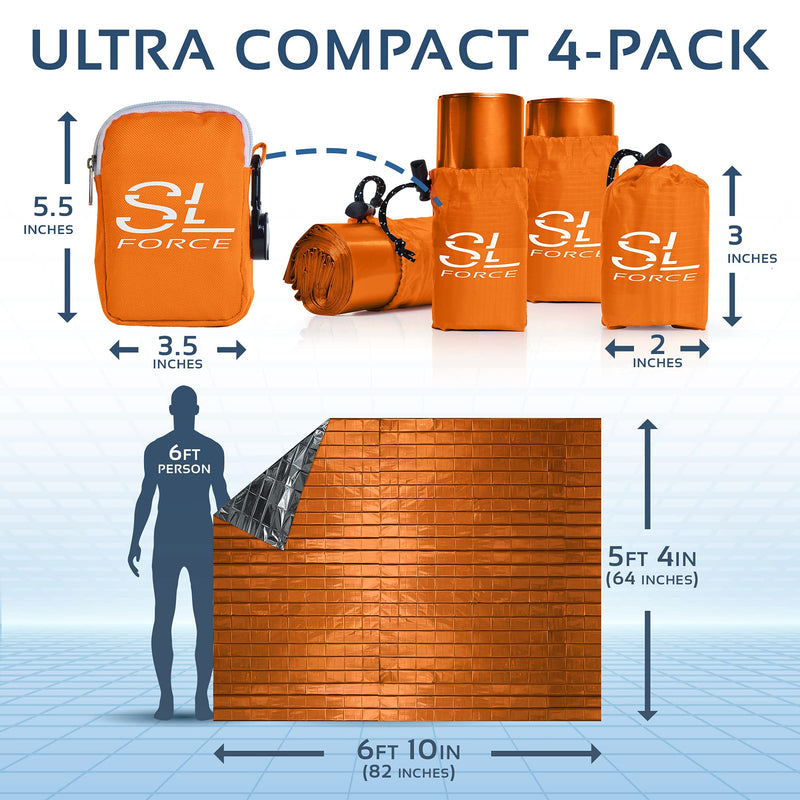  [AUSTRALIA] - SLFORCE Emergency Blankets for Survival, 4 Pack of Gigantic Space Blanket. Comes with Four Extra-Large Mylar Blankets, Compass, and Zipper Bag. The Best Thermal Space Blankets Survival Heavy Duty Orange