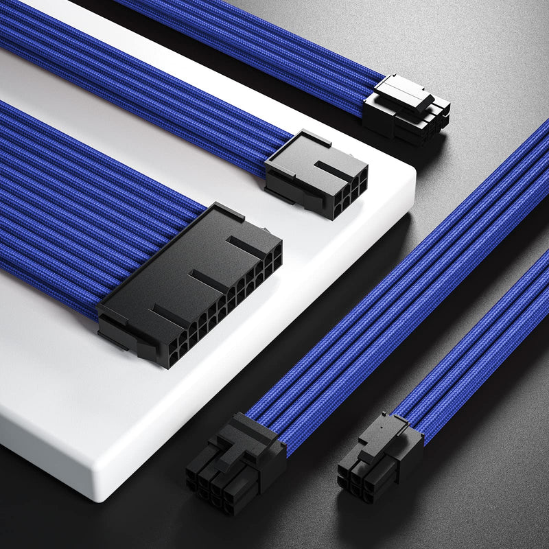  [AUSTRALIA] - Arenel Sleeved Cable, Blue PC PSU Extension Cable Kit, 18AWG 24Pin ATX / 8 (4+4) Pin EPS / 8 (6+2) Pin PCIE / 6Pin PCI-E Power Supply Cable with Combs, 30CM 5 Pack