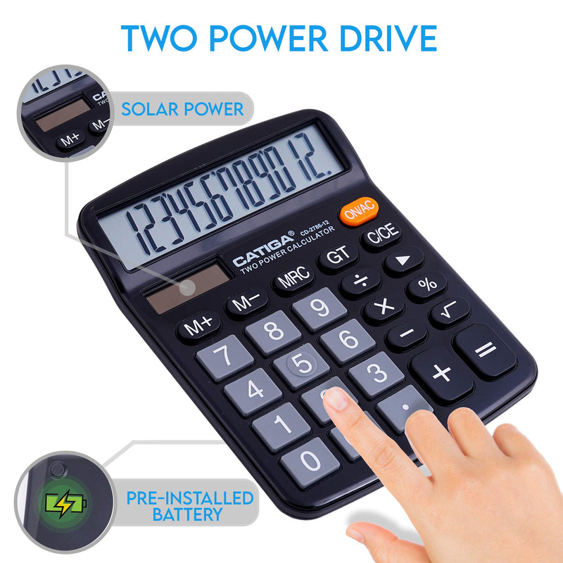  [AUSTRALIA] - Desktop Calculator 12 Digit with Large LCD Display and Sensitive Button, Solar and Battery Dual Power, Standard Function for Office, Home, School, CD-2786 (Black) Black