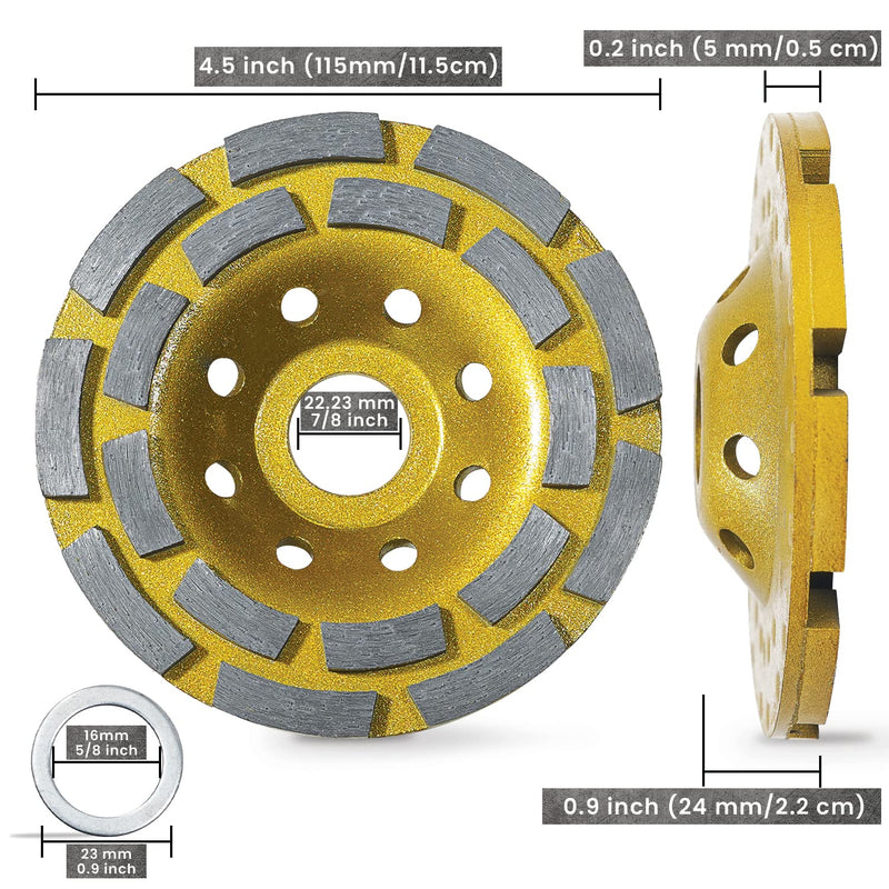  [AUSTRALIA] - ACE-TOOLS Double Row Concrete Grinding Wheel 4 1/2 Inch 18 Segment Ultra Grade-50 Diamond Grit, Grinder Cup Wheel Arbor Hole 7/8"-5/8" 8 Cooling Holes Grinding Polishing Granite, Marble and Concrete