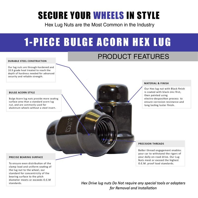 Set of 20 Lug Nut 1/2-20 Thread Closed End Bulge Acorn Lug Nuts 1.38” Long - Cone Seat - 19mm (3/4”) Hex Wheel Lug Nut (Black) - LeoForward Australia