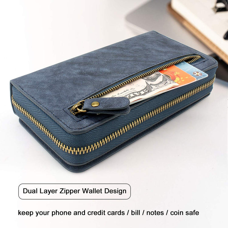  [AUSTRALIA] - Lacass Compatible with iPhone 13 Pro 6.1 inch 2021 Crossbody Chain Dual Zipper Detachable Magnetic Leather Wallet Case Cover Wristlets Wrist Strap 13 Card Slots Money Pocket (Blue) Blue