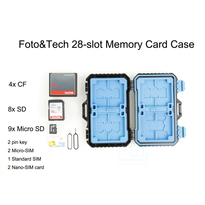 Foto&Tech 28-Slot High Capacity SD Memory Card Case, Shockproof SD CF SDHC SDXC Micro SD Storage Box for 8 SD 4 CF 9 TF, Waterproof Card Holder Micro SD 2 Pin Key 1 SIM 2 Micro-SIM 2 Nano-SIM - LeoForward Australia