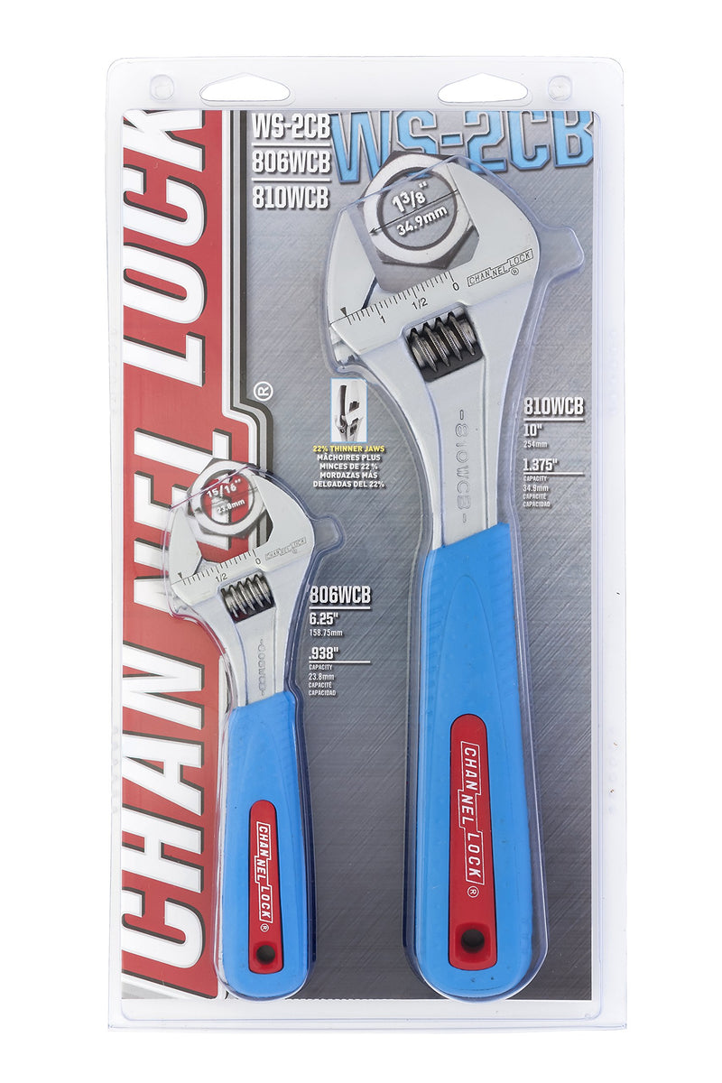  [AUSTRALIA] - Channellock WS-2CB 2 Piece Adjustable Wrench Set | 6-inch & 10-Inch Wrench | Precise Jaw Design Grips in Tight Spaces | Measurement Scales for Easy Sizing of Diameters | CODE BLUE Grips 2pc CODE BLUE Grip - 8-Inch 10-Inch