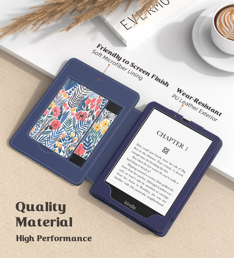  [AUSTRALIA] - MoKo Case for 6.8" Kindle Paperwhite (11th Generation-2021) and Kindle Paperwhite Signature Edition, Slim PU Shell Cover Case with Auto-Wake/Sleep for Kindle Paperwhite 2021, Blue Leaf Flower