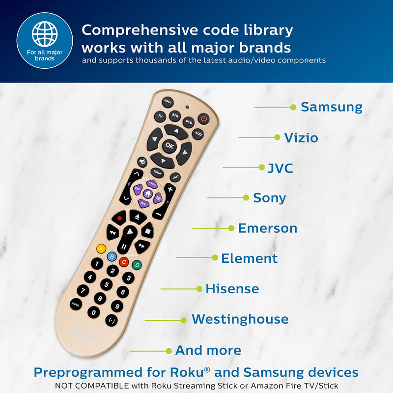 Philips Universal Remote Control for Samsung, Vizio, LG, Sony, Sharp, Roku, Apple TV, RCA, Panasonic, Smart TVs, Streaming Players, Blu-ray, DVD, Simple Setup, 4 Device, Gold, SRP2014C/27 - LeoForward Australia