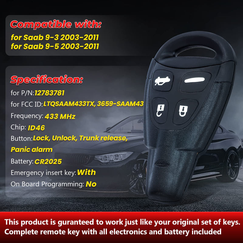  [AUSTRALIA] - Aichiyu Remote Key Fob Replacement for Saab 9-3 9-5 2003 2004 2005 2006 2007 2008 2009 2010 2011 Keyless Entry Remote Control Car Key Fob 4 Buttons 433MHZ ID46 Chip FCC ID: LTQSAAM433TX