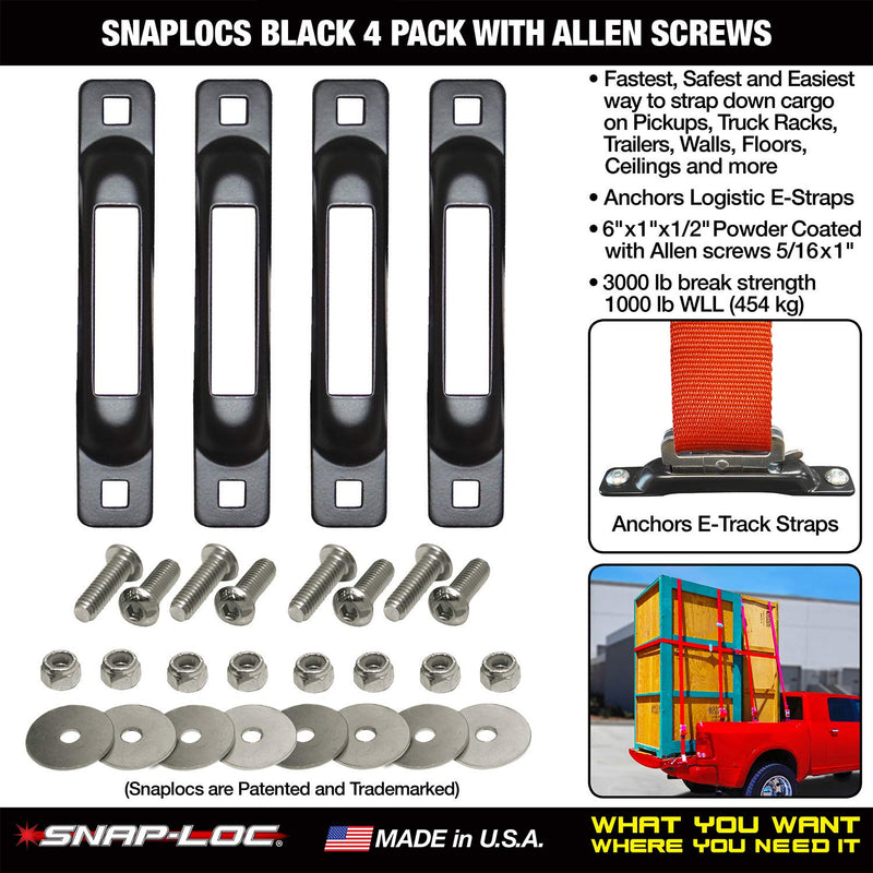  [AUSTRALIA] - SNAPLOCS Black 4 Pack with Allen Screws E-Track Single Strap Anchors