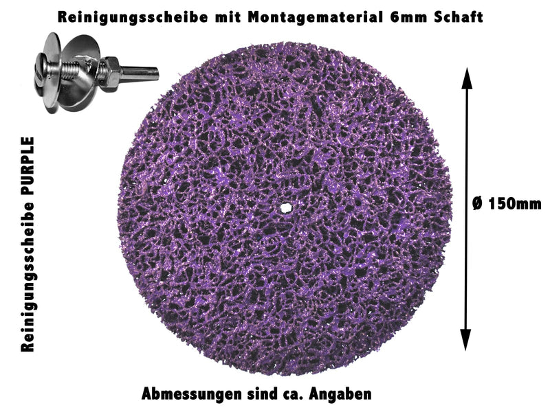  [AUSTRALIA] - Pack of 3 cleaning discs CSD Ø 150mm purple with clamping shaft/mandrel shaft for drill chuck or flexible shaft. Coarse cleaning disc CBS Clean Strip Disc Premium nylon fabric disc