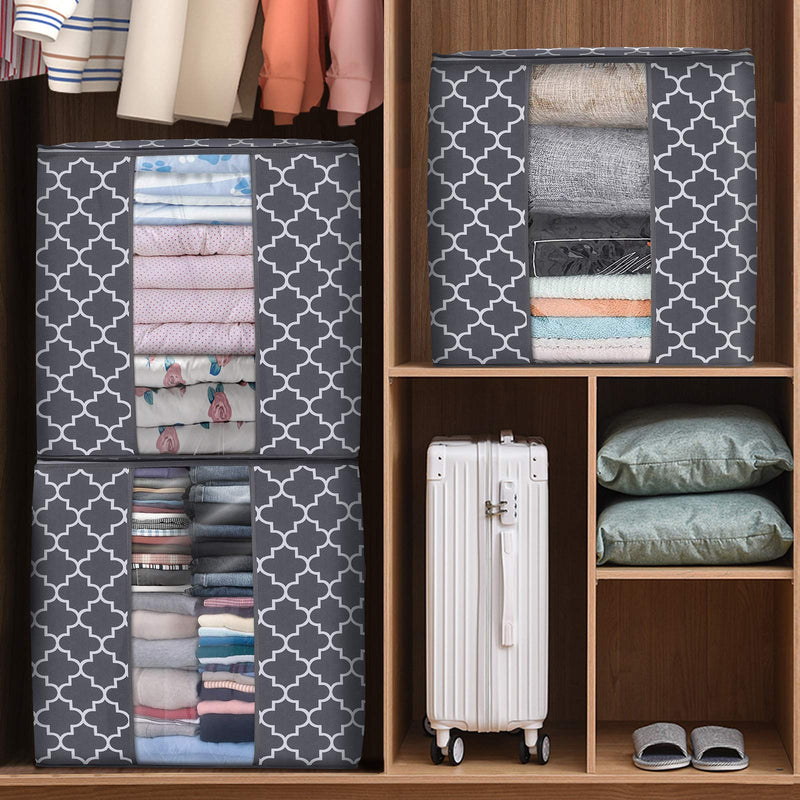  [AUSTRALIA] - WISELIFE Storage Bags 100L 3-Pack Large Blanket Clothes Organization and Storage Containers for Comforters,Bedding, Foldable Organizer with Reinforced Handle, Clear Window, Sturdy Zippers,Gray Aesthetic Pattern- Grey