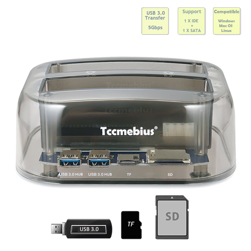 Tccmebius TCC-S865 USB 3.0 to SATA IDE Dual Slots External Transparent Hard Drive Docking Station with Card Reader and 2 Ports USB 3.0 Hub for 2.5 3.5 Inch IDE SATA I/II/III HDD SSD - LeoForward Australia