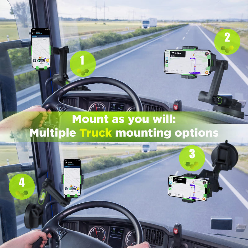 [AUSTRALIA] - Truckules Truck Phone Mount For Truck, Heavy Duty Cell Phone Holder for Truck Dashboard Windshield 16.9" Long Arm, Super Suction Cup & Stable, Compatible with iPhone & Samsung, green, commercial truck