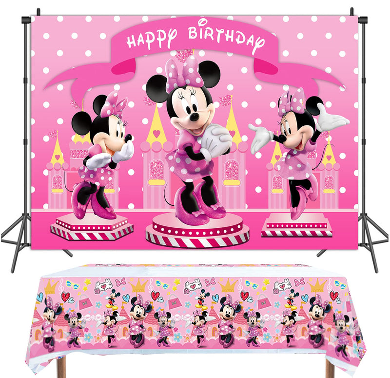  [AUSTRALIA] - Pink Cartoon Mouse Backdrop and Tablecloth Girls Happy Birthday Party Backdrop 6x4FT and Table Covers 70x42in Cartoon Mouse Theme Party Decorations Supplies
