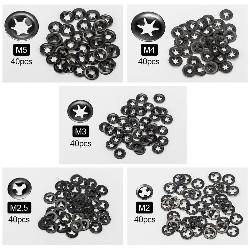  [AUSTRALIA] - OIIKI 200pcs M2/M2.5/M3/M4/M5 Internal Tooth Starlock Washers, Quick Speed Locking Washers, Push On Speed Clips Fasteners Assortment Kit, 65 Mn Steel Star Lock Washers-40pcs Each Size (5 Sizes) 5 Sizes