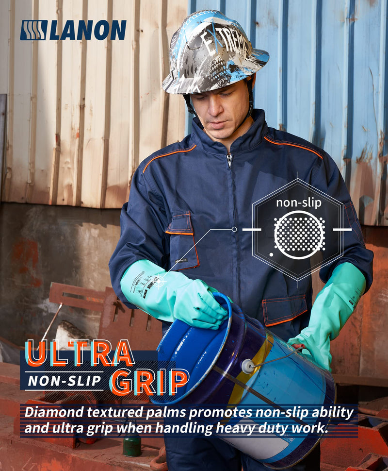  [AUSTRALIA] - LANON Nitrile Chemical Resistant Gloves, Reusable Heavy Duty Safety Work Gloves, Acid, Alkali and Oil Protection, 18" Length, Non-Slip, Large Large (Pack of 1)