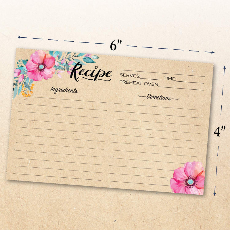  [AUSTRALIA] - Nuah Prints Double Sided Recipe Cards 4x6 Inch, Set of 50 Thick Cardstock Recipe Cards with Lines, Easy To Write On Smooth Surface, Line Printed, Large Writing Space (Floral Kraft Look) Floral Kraft Look