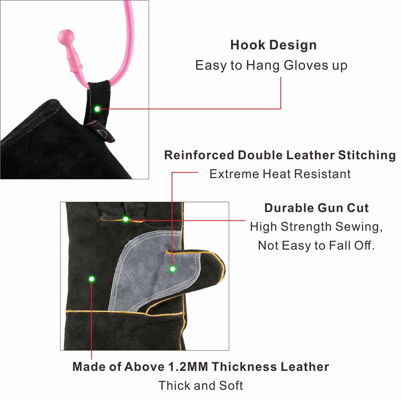  [AUSTRALIA] - KIM YUAN Extreme Heat & Fire Resistant Gloves Leather with Kevlar Stitching,Mitts Perfect for Fireplace, Stove, Oven, Grill, Welding, BBQ, Mig, Pot Holder, Animal Handling 14black