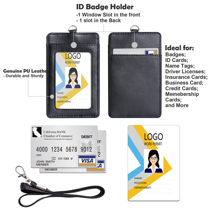  [AUSTRALIA] - Arae Card Holder Vertical PU Leather Badge Holder with 1 Clear ID Card Window 1 Card Slot and 1 Neck Lanyard for Office/School ID Credit Card Driver License - Black