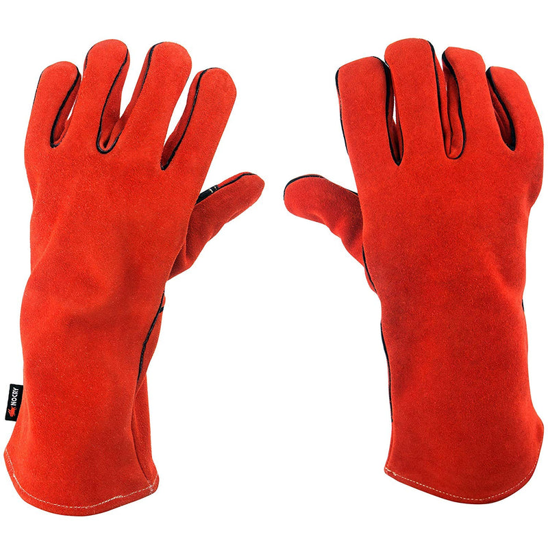  [AUSTRALIA] - NoCry Heavy Duty Heat Resistant & Flame Retardant Welding & BBQ Gloves, Premium Cowhide Leather, Long 14 inch Forearm Protection. Red, Size Large