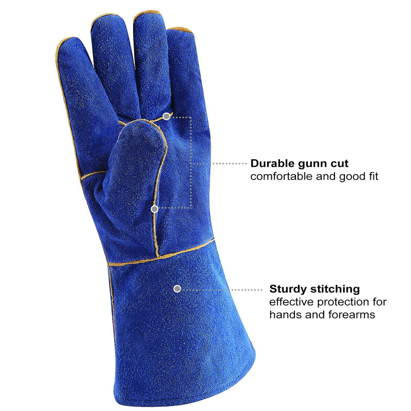  [AUSTRALIA] - DEKO Welding Gloves 14 inch Leather Forge Heat Resistant Welding Glove for Mig, Tig Welder, BBQ, Furnace, Camping, Stove, Fireplace and More (Blue)