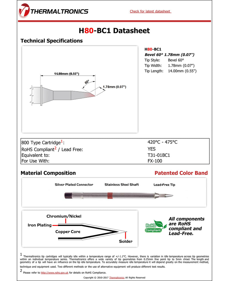  [AUSTRALIA] - Thermaltronics H80-BC1 Bevel 60deg 1.78mm (0.07in) interchangeable for Hakko T31-01BC1