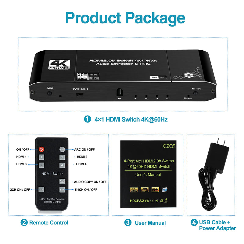  [AUSTRALIA] - NEWCARE 4K@60Hz 4x1 HDMI Switch Audio Extractor with Optical Toslink SPDIF/Coaxial/3.5mm Audio Out, 4 Ports HDMI 2.0b Switcher with Remote Control Support ARC, HDCP 2.2, 3D, for Xbox, Fire Stick, PS5 Black