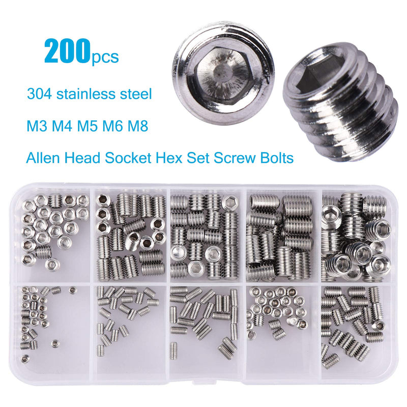  [AUSTRALIA] - LordHardware 200Pcs Allen Head Socket Hex Set Screw Bolts Assortment Grub Screws Kit Metric M3 M4 M5 M6 M8 w/Internal Hex Drive, Stainless Steel Silver