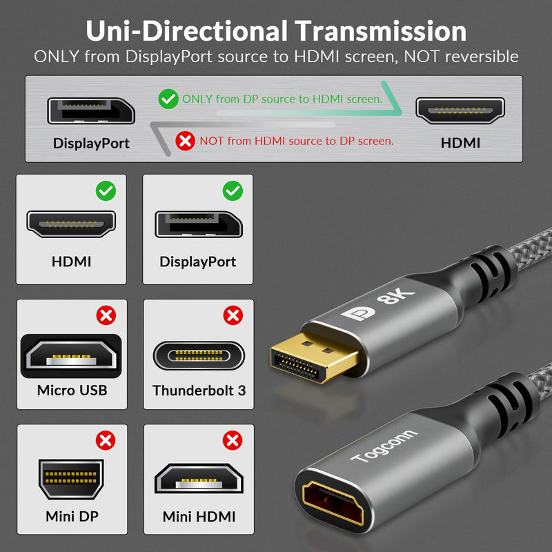 [AUSTRALIA] - Togconn DisplayPort to HDMI Adapter Cable 8K, Unidirectional DisplayPort 1.4 (Male) to HDMI 2.1 (Female) Extension Cable Converter Support 8K@60Hz,4K@120Hz for DP PC and HDMI Displays
