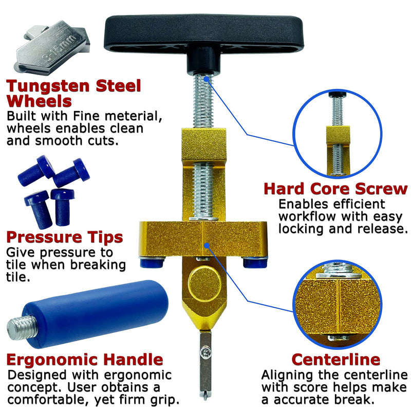  [AUSTRALIA] - Glass Cutter Hand Tool, Manual Tile Cutter, 2 in 1 Glass Cutting Tool with Glass Breaking Pliers, DIY Tool Kit, 3 Tungsten Steel Blades, 4 Tips, 1 Screwdriver, Golden 2 in 1 tile&glass cutter golden
