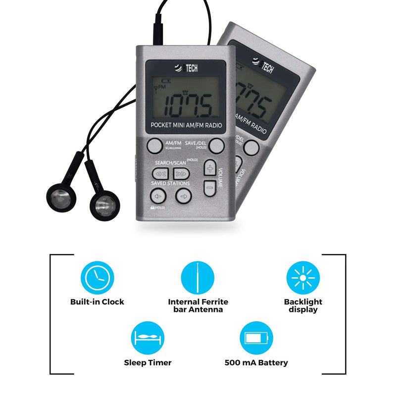  [AUSTRALIA] - BTECH MPR-AF1 AM FM Personal Radio with Two Types of Stereo Headphones, Clock, Great Reception and Long Battery Life, Mini Pocket Walkman Radio with Headphones (Silver) MPR-AF1 Radio Silver